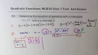 Quadratic Functions Application Thinking Test MCR3U Unit 3