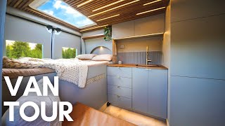 VAN TOUR with HIDDEN SHOWER | Modern, Cozy DIY VAN BUILD with Expanding Kitchen,