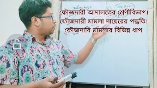 ফৌজদারী আদালতের শ্রেণীবিভাগ। ফৌজদারী মামলা দায়েরের পদ্ধতি। ফৌজদারি মামলার স্তর। ফৌজদারি কার্যবিধি