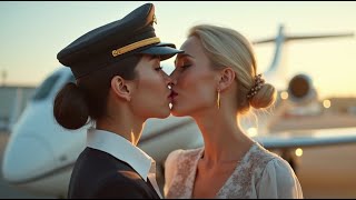 Female Pilot and Stewardess Kissing on Duty | Lesbian Kissing Scenes