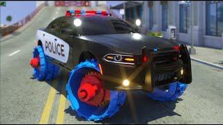 Police Car Assembly Broken Tyre changed by Cement Mixer Truck