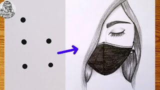How to draw a girl From5 Points||Easy Girl Drawing with Face Mask|Step by step|Pencil Sketch