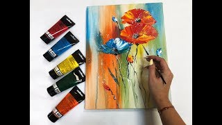 How to draw easy poppies painting / Demonstration /Acrylic Technique on canvas by Julia Kotenko