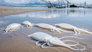 After the tide ebb  six full-body transparent squid were found stranded in the net wall. It was too