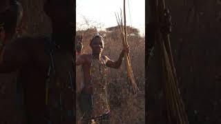 A Hadza hunter-gatherer hunting a small bird using a traditional bow and arrow in Tanzania