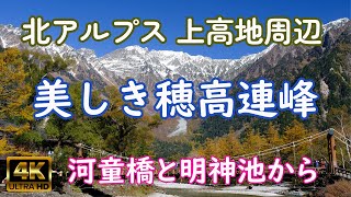 上高地の河童橋周辺から眺める初雪をまとった北アルプス穂高連峰