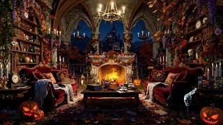 Cozy Gothic Halloween Library 🎃 Warm Fireplace Ambience, Haunted Castle View & Spooky Autumn Night