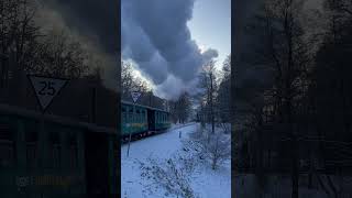 Eine Dampflok der Lössnitzgrundbahn im winterlichen Lössnitzgrund.