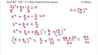 How to Solve 3x² + 5x - 2 = 0 by Completing the Square (Step-by-Step)