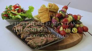 Chimichurri Rump Steak, Haloumi Kebabs, Garlic Bread and Salad