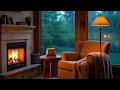 cozy reading nook ambience 🛖 soft jazz with crackling fireplace and rain sounds for sleeping