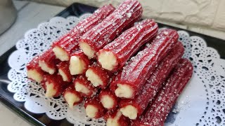 HANYA DI ADUK RED VELVET CHURROS ISI VLA  MODAL IRIT TANPA MIXER | Takaran sendok