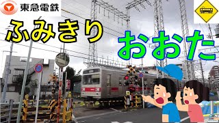 【踏切】大架線柱と築堤 踏切　東急池上線　Japan Railway crossing Tokyu Ikegami LINE RAILWAY(Tokyo japan)