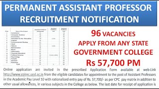 96 Permanent Assistant Professor Recruitment Notification in Govt. College | Rs 57,700 | PG/UGC NET