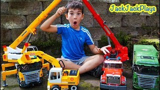 Pretend Play Fishing with Crane Trucks! Construction Toys and Surprise for Kids! | JackJackPlays