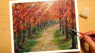 How to draw [Autumn walking path] with acrylic paint /Sunbeams/painting for beginners /Step by step