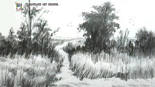 Practice pencil shading with very easy and simple scenery art with pencil stokes for beginners