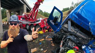 FULLY loaded semi goes off 60 FOOT bridge !!! LUCKY to be alive!!!