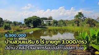 บ้านสวนแม่ริม โฉนด 6 ไร่ ขายถูก 3,000/ตรว.  สวนเกษตรผสมผสาน พร้อมบ้าน 2 หลัง ร้านอาหาร บ่อปลา 3 บ่อ