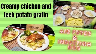 Creamy Chicken \u0026 leek Potato Gratin, air fryer and hob.