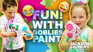 Playing With Goblies Washable Paint Guns.  So Much Fun!  Super Messy!