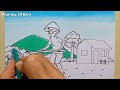 how to draw a house scenery in the village image of people working in the garden