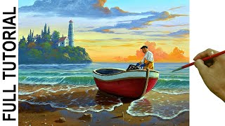 How to Paint Realistic Fisherman on Red boat in the Beach using Acrylic