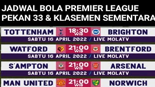 JADWAL BOLA PREMIER LEAGUE MALAM INI PEKAN 33 \u0026 KLASEMEN SEMENTARA