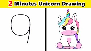 HOW TO DRAW UNICORN WITH NUMBER 9 EASY IN 2 MINUTES