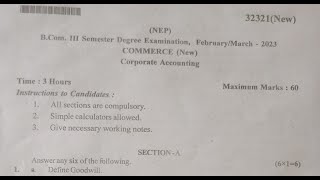 Corporate Accounting B.com 3rd sem NEP Q/P 2023 Karnataka State Akkamahadevi Women's University