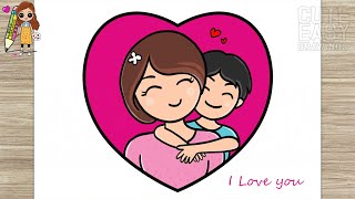 How to Draw Mother and Son Hugging, Cute Easy Drawings