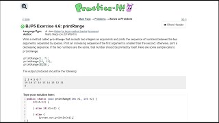 Java Practice It | 4.6 printRange| if/ else/ else if statements, int return method, for loops