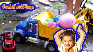 Toy Trucks for Kids Challenge - Fishing for Surprise Eggs with Excavators and Loaders