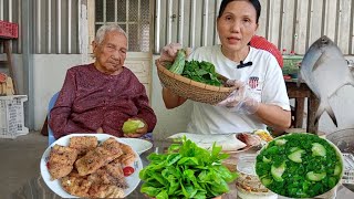 Bữa cơm nhà quê Bà lão 101 tuổi ăn cá Chim phi lê muối tiêu chiên canh rau mồng tơi nấu mướp