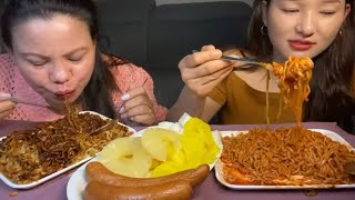 2 spicy ramen black beans noodles pork sausage pineapple 🍍 mukbang