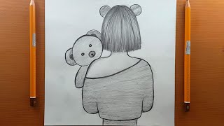 Come disegnare una ragazza che tiene un orsacchiotto con la schiena girata ,  disegni a matita