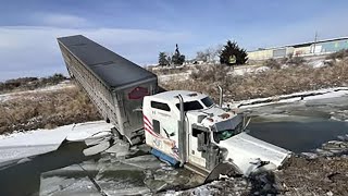 First responders rescue semi-truck driver and dog after truck crashes into ditch