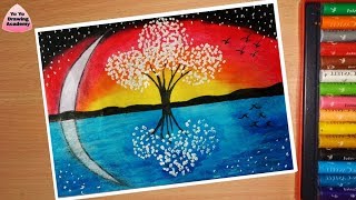 Magical Tree Landscape drawing with Oil Pastels step by step