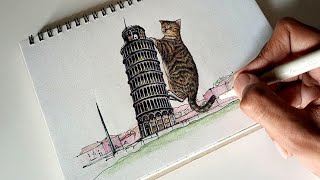 Drawing cat on pisa tower
