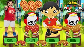 Tag with Ryan - Combo Panda drives Cheeseburger Car vs Hamburger Car - All Characters Unlocked