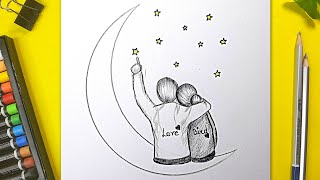 How to draw Romantic Couple sitting on the Moon - Pencil Sketch Scenery Drawing
