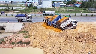 The Best Dump Truck Unloading, Filling Up The Land huge, Bulldozer Strong KOMATSU D31P Push Soil