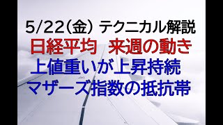 5/22（金）テクニカル解説　日経平均は上値重いが上昇持続　マザーズ指数は抵抗帯の中に突入