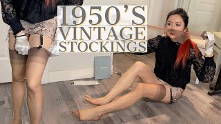 😱 1950’s Vintage Nylons Stockings Try On Review, Garter Belt Hosiery Reinforced Toes Pantyhose Feet