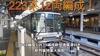 223系12両編成！V44編成+W39編成新快速草津行き　駅列車特集　JR京都線　大阪駅8番線　その28