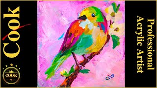 Rainbow Finch on a Branch - Bird Hop #4 in Acrylic Paints for Beginners to Advanced Artists