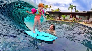 Future Surf Pro! Adley and Dad POOL PLAY routine with toys in Hawaii
