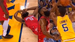James Harden knocked down after Kevon Looney hit his beard | Rockets vs Warriors