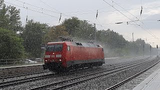 Freight train traffic at Saarmund in sunshine \u0026 heavy rain: DB locomotives, Flixtain \u0026 RheinCargo