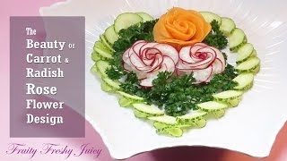 The Beauty Of Carrot & Radish Rose Flower Carving Garnish With Cucumber Design